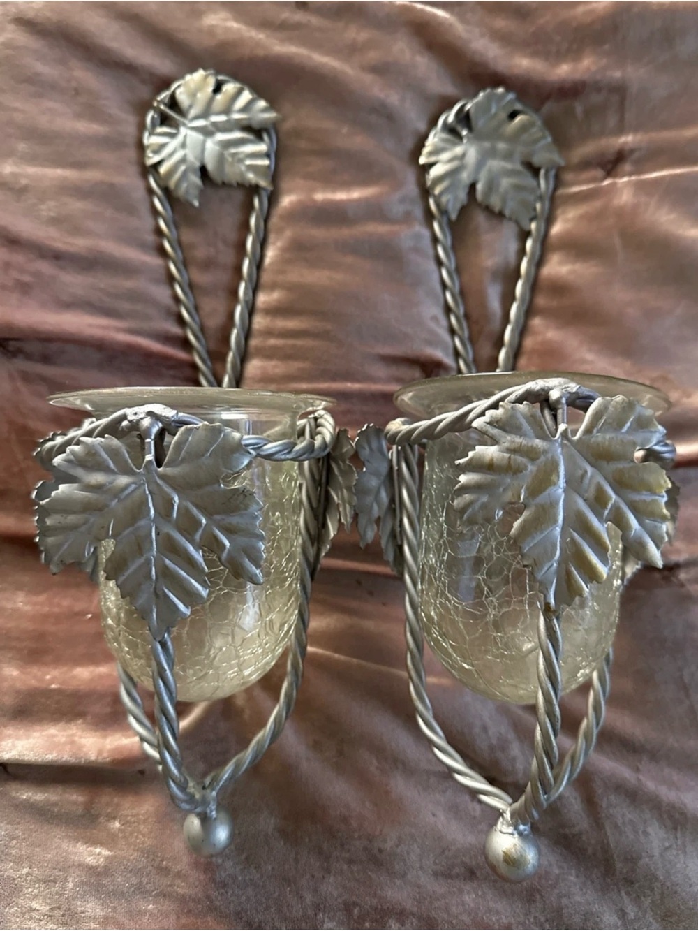 Home Interiors Silver Leaf Wall Sconces with Crackle Glass Cups
